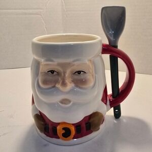 Holiday Time Santa Claus Ceramic Mug with Spoon 21.5 oz Hand Painted Earthenware